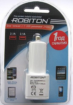 Автомобильный блок питания ROBITON TwinUSB2100/AUTO 2100мА с 2 USB выходами